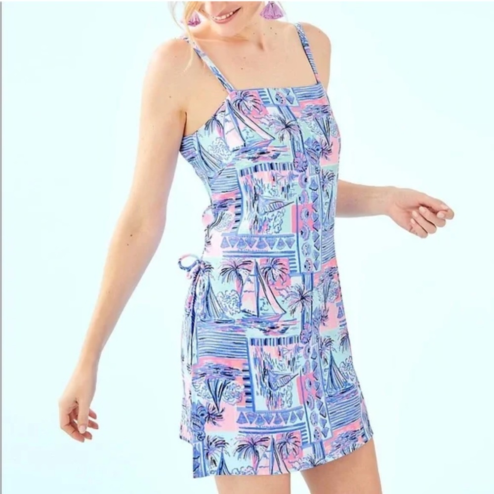 LIly Pulitzer Sahar Romper Pastel Blue Pink Tie Side Square Neck Size 10 - Picture 1 of 9